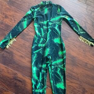 Dance Costume Unitard Jumpsuit Full Bodysuit Green Lightning With Fringe
